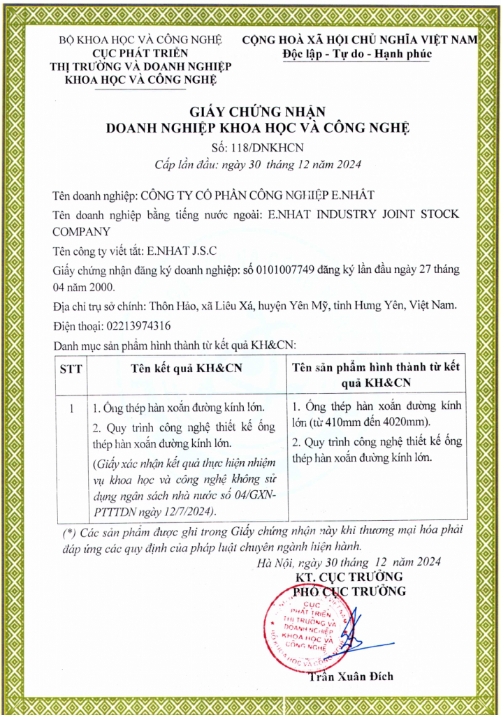 Chứng nhận Doanh nghiệp Khoa học & Công nghệ
