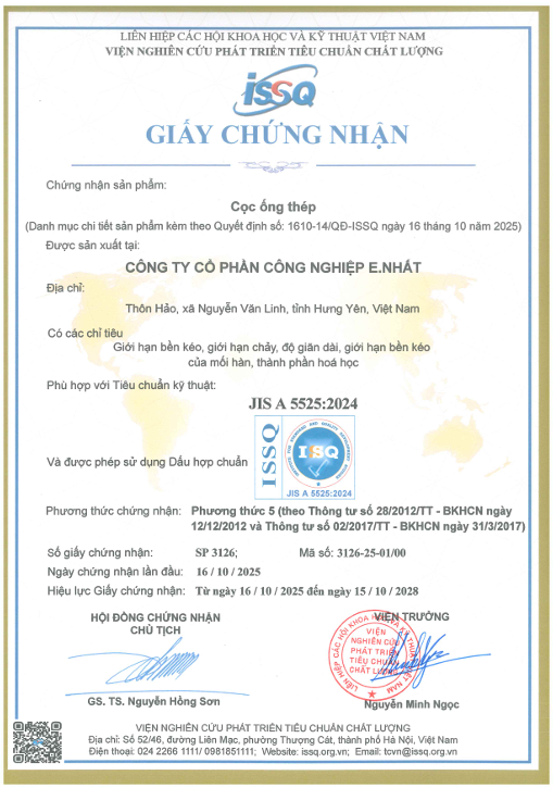 Chứng nhận Sản phẩm Cọc ống thép JIS A5525