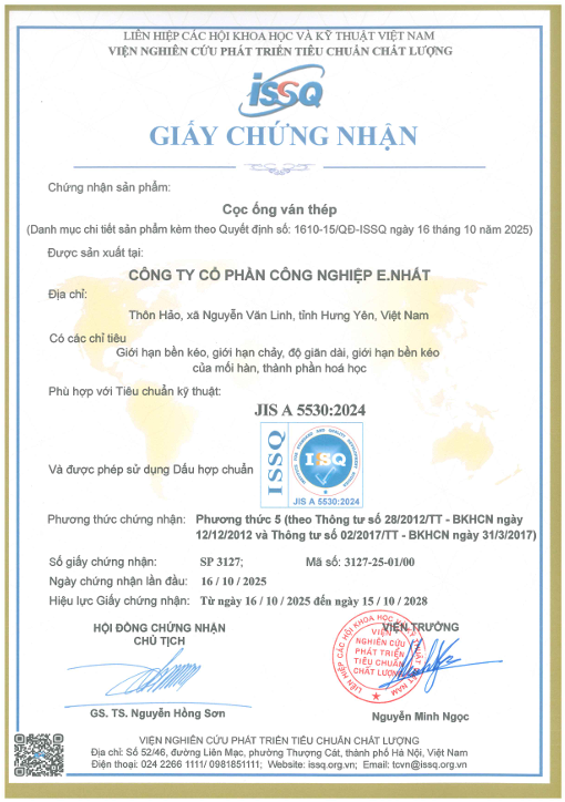Chứng nhận Hợp chuẩn Cọc ống ván thép JIS A5530